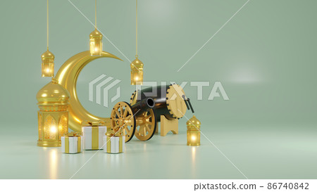 Islamic product display mock up. Podium, crescent moon, lantern, gift box. Ramadan, Islamic New Year. 3D rendering. 86740842