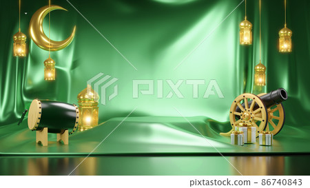 Islamic product display mock up. Podium, crescent moon, lantern, gift box. Ramadan, Islamic New Year. 3D rendering. Islamic product display mock up. Podium, crescent moon, lantern, gift box. Ramadan, Islamic New Year. 3D rendering. 86740843