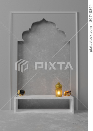 Islamic product display mock up. Podium, crescent moon, lantern, gift box. Ramadan, Islamic New Year. 3D rendering. 86740844