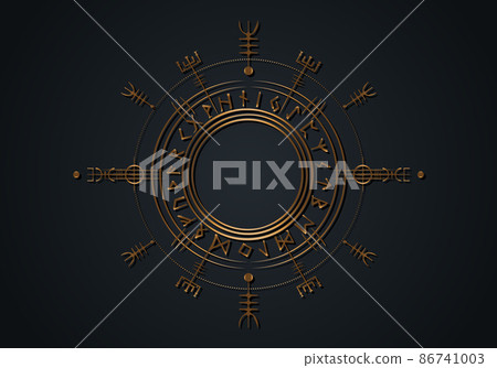 Magic ancient viking art deco, Gold Vegvisir navigation compass ancient. The Vikings used many symbols in accordance to Norse mythology,  widely used in Viking society. Logo icon Wiccan esoteric sign 86741003