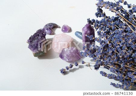 Healing crystals on brown background 86741130