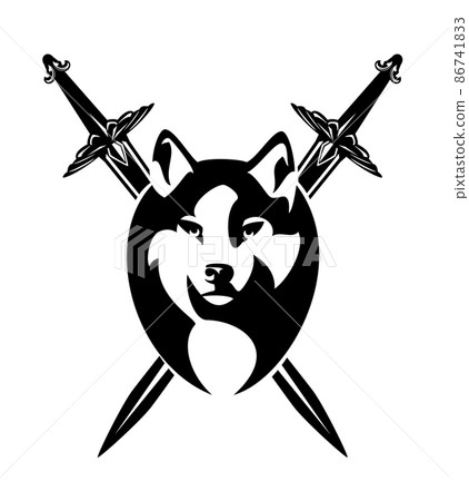 wild wolf head and crossed swords black and white vector knight emblem design wild wolf head and crossed swords black and white vector knight emblem design 86741833