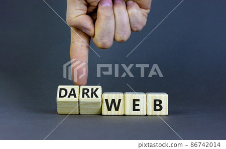 Dark web symbol. Businessman turns wooden cubes and changes the word web to dark web. Beautiful grey background. Business, dark web concept. Copy space. 86742014