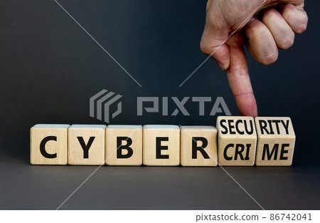 Cyber-security vs cybercrime symbol. Businessman turns wooden cubes, changes words Cybercrime to cyber-security. Beautiful grey background. Cyber-security vs cybercrime concept. Copy space. Cyber-security vs cybercrime symbol. Businessman turns wooden cubes, changes words Cybercrime to cyber-security. Beautiful grey background. Cyber-security vs cybercrime concept. Copy space. 86742041
