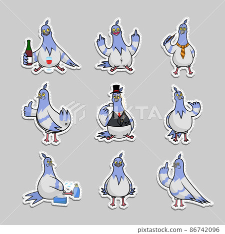 Collection of vector funny prints with Doves. Set of stickers with vulgar birds: alcoholic, egghead, fool, tosser. Templates of illustrations for t-shirts. Collection of vector funny prints with Doves. Set of stickers with vulgar birds: alcoholic, egghead, fool, tosser. Templates of illustrations for t-shirts. 86742096
