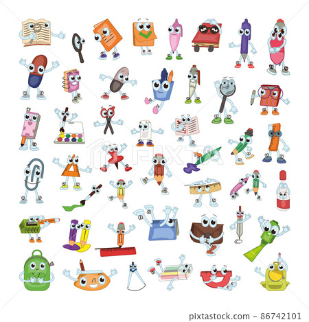 Funny stationery characters with different emotions. Vector illustration for students and schoolchildren. 86742101