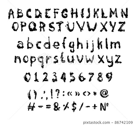 Set of letters, numbers and punctuation marks in grunge style. Abstract font. Set of letters, numbers and punctuation marks in grunge style. Abstract font. 86742109