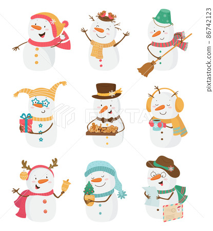 Set of cute snowmen in cartoon style. Childrens illustrations. 86742123