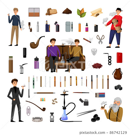 Collection of illustrations on the theme of smoking. All types of cigarettes, vapes. Smoking characters. 86742129