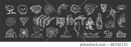 Illustrations of smoke, explosion, dust, steam, fog. Abstract smoky cloud isolated on dark background. 86742131