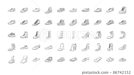 A set of sketches of different shoes. Linear icons for women's and men's shoes. 86742152