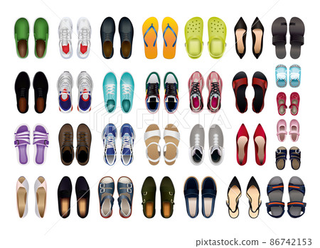 Collection of men's, women's and children's shoes in a realistic style with a top view. 86742153