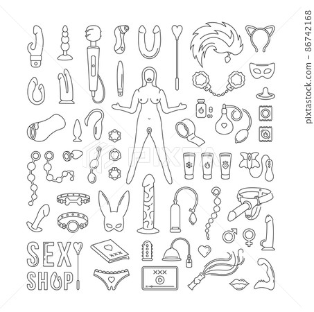 Vector collection of sex games, sexual devices and machines, dildos, vibrators, lubricants, bondage, lingerie, anal, vaginal, and oral items for men, women, and couples. Set in style line and linear. 86742168