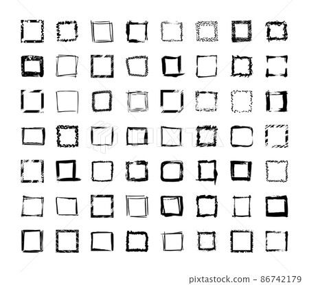 Collection of textured square frames isolated on white background. Set of black templates with splashes and spray in form quadrangle and rectangle in a dirty and freehand style. 86742179