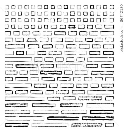 Collection of textured square frames isolated on white background. Set of black templates with splashes and spray in form quadrangle and rectangle in a dirty and freehand style. 86742180