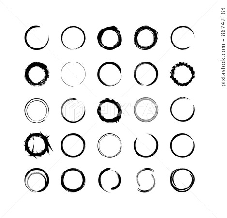 Collection of textured round frames isolated on white background. Set of black templates with splashes and spray in form circle and o-shaped, and elliptical in a dirty and freehand style. 86742183