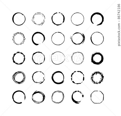 Collection of textured round frames isolated on white background. Set of black templates with splashes and spray in form circle and o-shaped, and elliptical in a dirty and freehand style. 86742186