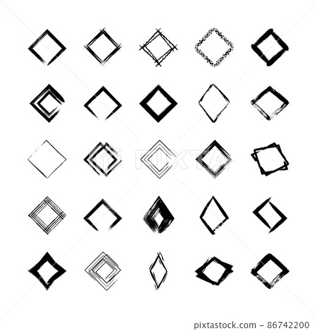 Collection of textured rhombus frames isolated on white background. Set of black templates with splashes and spray in form square and rectangle in a dirty and freehand style. 86742200
