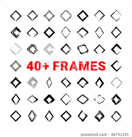 Collection of textured rhombus frames isolated on white background. Set of black templates with splashes and spray in form square and rectangle in a dirty and freehand style. 86742201