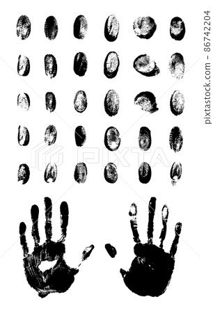 Vector set of textured, and grunge fingerprints, and handprints for your design. Collection of black templates on white background for illustrations about cybersecurity. Vector set of textured, and grunge fingerprints, and handprints for your design. Collection of black templates on white background for illustrations about cybersecurity. 86742204