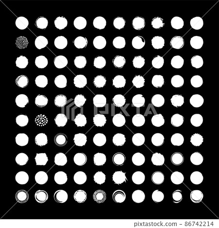 Vector collection of texturing circle blots, and templates for brushes. Big set of round grunge backdrops and backgrounds in a dirty and freehand style. 86742214