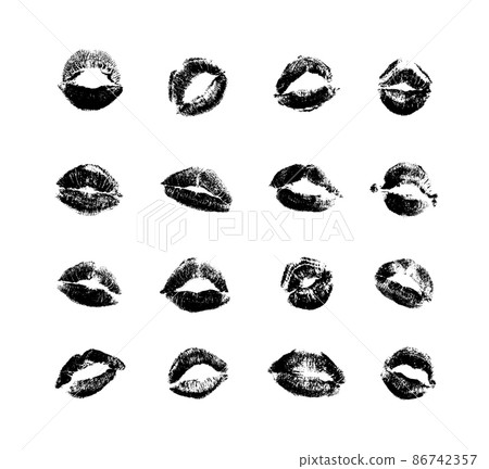 Vector collection of textured kisses imprints isolated on a white background. Romantic and erotic set of monochrome templates of stamps lips for your design. 86742357