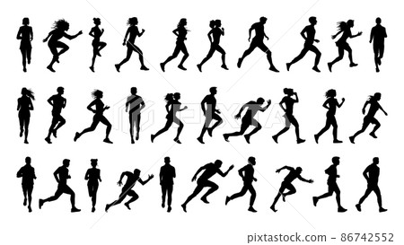 Collection of running black silhouettes of men and women. 86742552
