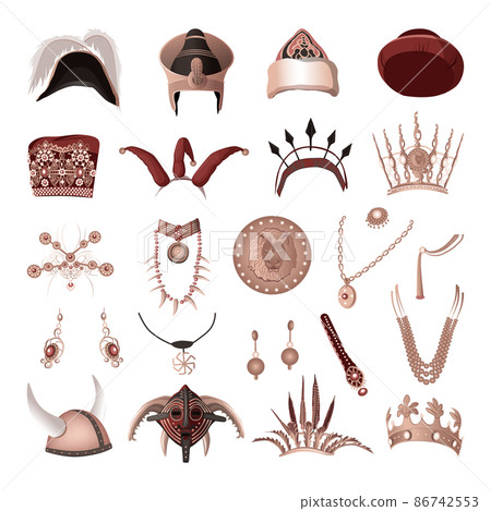 Collection of attributes of rulers. Headwear and jewelry. Realistic illustrations. 86742553