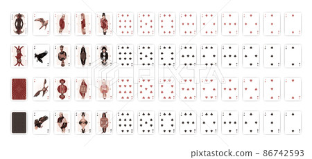 A collection of poker cards in a unique design. 86742593