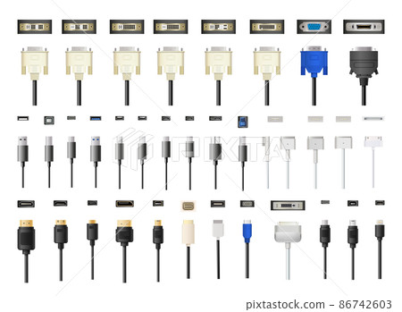A collection of connectors and cables for computers, smartphones and other devices. Detailed realistic illustrations. A collection of connectors and cables for computers, smartphones and other devices. Detailed realistic illustrations. 86742603