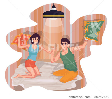 The guy and the girl are fighting with pillows. Colorful detailed illustration with a young couple. Love story of one pair. The guy and the girl are fighting with pillows. Colorful detailed illustration with a young couple. Love story of one pair. 86742659