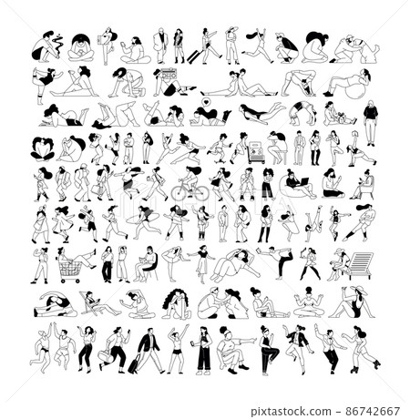 Big set of people. Sketches with active characters. Men and women interacting with each other. Black and white graphics. Posing people. Big set of people. Sketches with active characters. Men and women interacting with each other. Black and white graphics. Posing people. 86742667