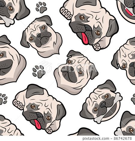 Vector seamless pattern with different cute pugs emoticons. Pastel ornament with funny dogs. 86742678