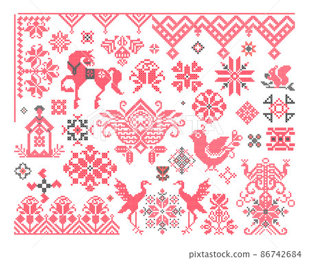 Set of traditional Russian and Ukrainian patterns. Embroidery in the Slavic style. 86742684