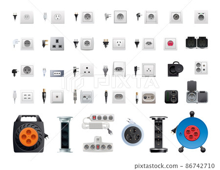 Collection of realistic sockets and adapters isolated on white background. Collection of realistic sockets and adapters isolated on white background. 86742710