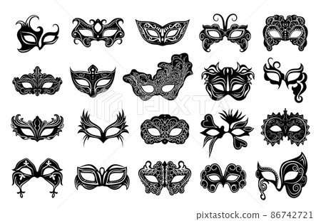 Collection of black and white carnival masks with patterns and lace. 86742721