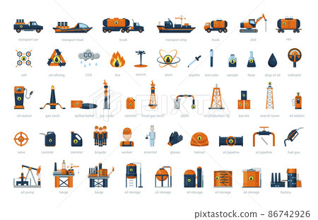 Collection of detailed objects of the oil industry. Isolated icons on a white background. 86742926