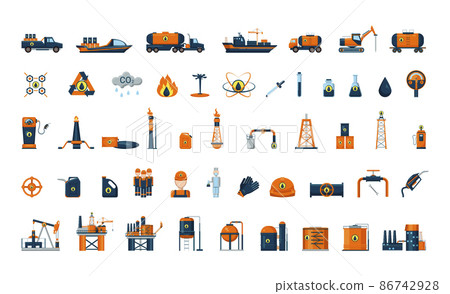Collection of detailed objects of the oil industry. Isolated icons on a white background. 86742928