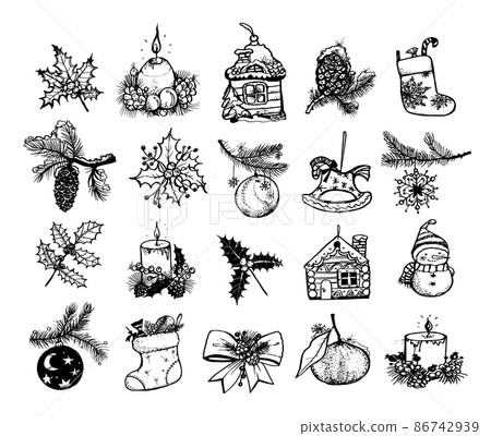 Collection of monochrome illustrations of new year in sketch style. Hand drawings in art ink style. Black and white graphics. Collection of monochrome illustrations of new year in sketch style. Hand drawings in art ink style. Black and white graphics. 86742939
