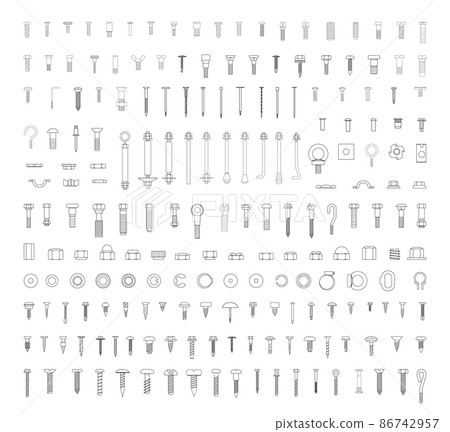 Collection of perfectly linear icons of fasteners and screws. 86742957