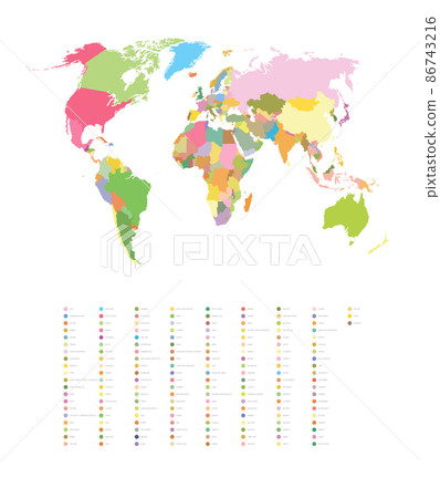 Vector color illustration of a world map with country names. 86743216