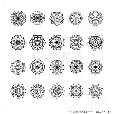 A set of mandalas for creating tattoos, ornaments, stickers. Vector graceful illustration of mehendi in black colour. 86743217