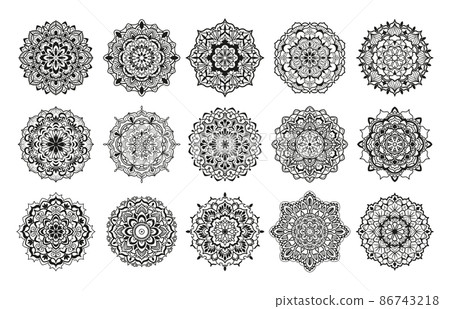 Set of mandalas for creating tattoos, ornaments, stickers. Vector graceful illustration of mehendi in black colour. 86743218