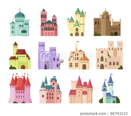 A set of fairy castles for princesses in the flat style. 86743222