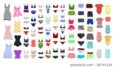 Collection of women's, men's and children's underwear in flat style. 86743224