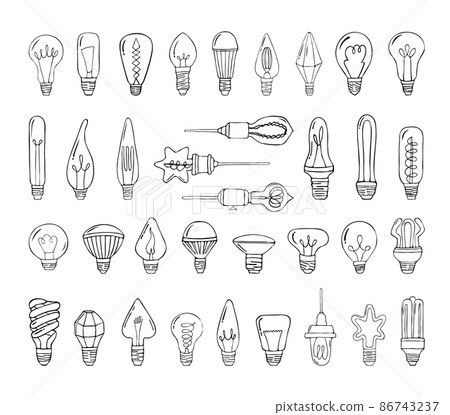 Collection of monochrome illustrations of light bulbs in sketch style. Hand drawings in art ink style. Black and white graphics. Collection of monochrome illustrations of light bulbs in sketch style. Hand drawings in art ink style. Black and white graphics. 86743237