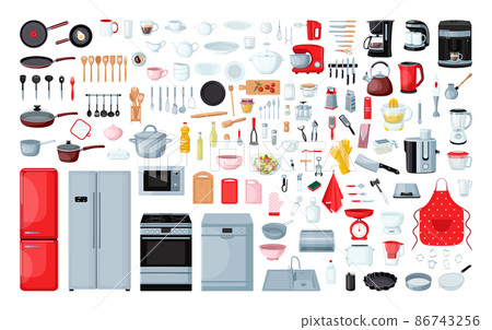 Collection of kitchen utensils in a detailed modern style. Tableware and household appliances. 86743256