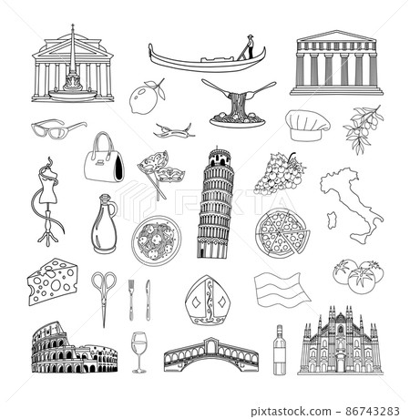 Collection of line drawings of Italy. Illustrations for coloring pages and templates. Collection of line drawings of Italy. Illustrations for coloring pages and templates. 86743283