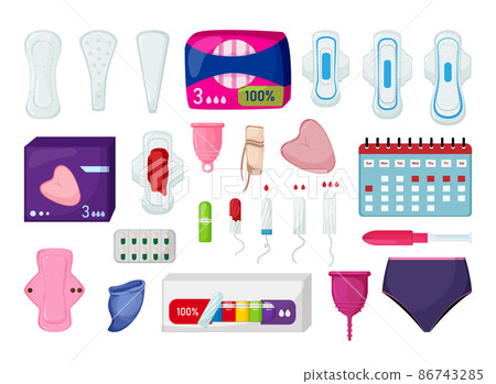 Intimate hygiene collection for women. Hygiene napkins and tampons in flat style. 86743285