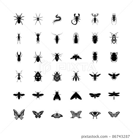 Collection of black insects isolated on a white background. Vector elements for your design. 86743287